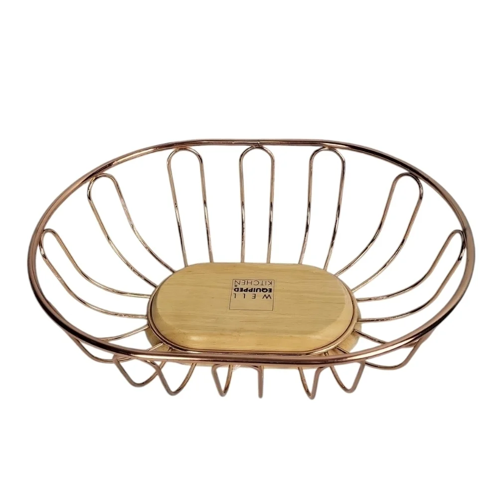 Well Equipped Kitchen Brass Basket Wooden Base